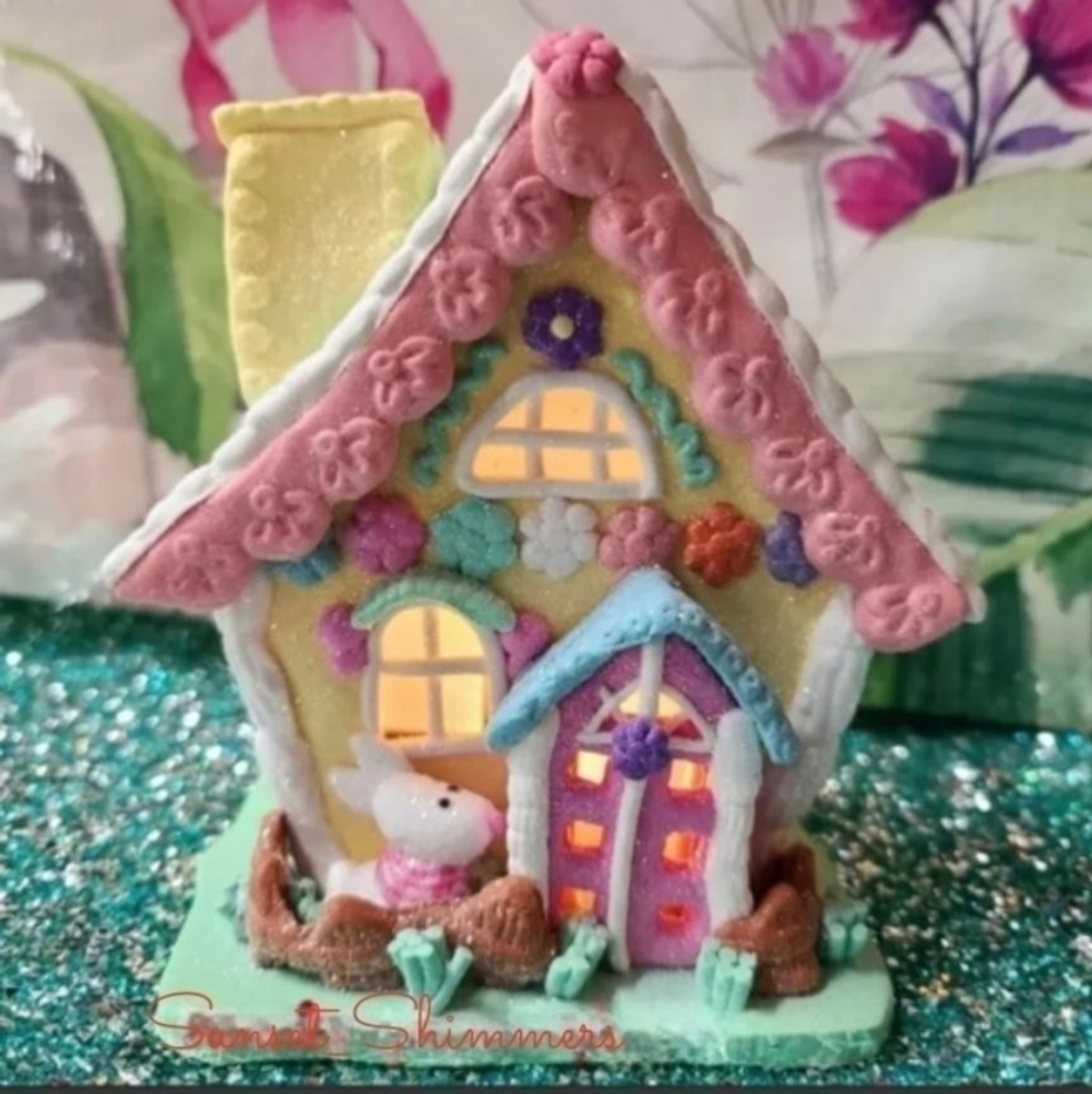 Easter Bunny GINGERBREAD FROSTING Cookie COTTAGE HOUSE Clay Dough Light Up
